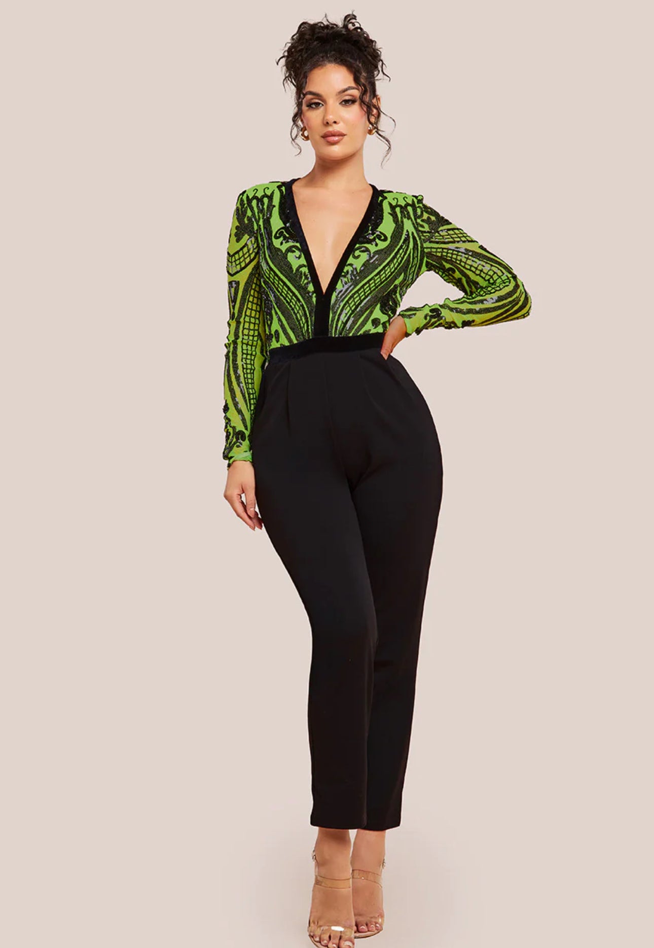 Goddiva Deep V Neck Sequin Embroidered Jumpsuit