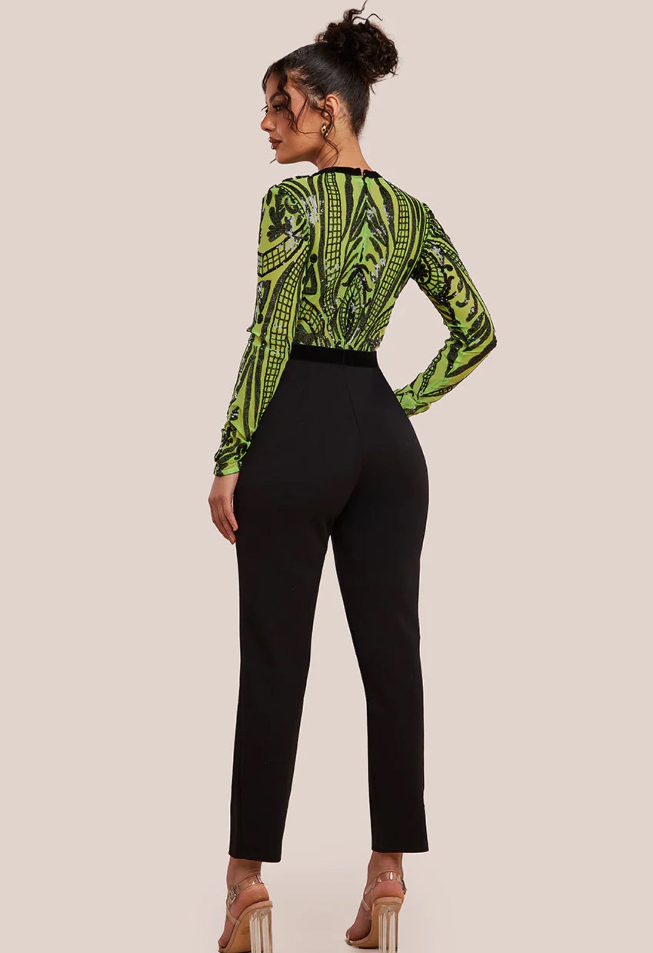 Goddiva Deep V Neck Sequin Embroidered Jumpsuit