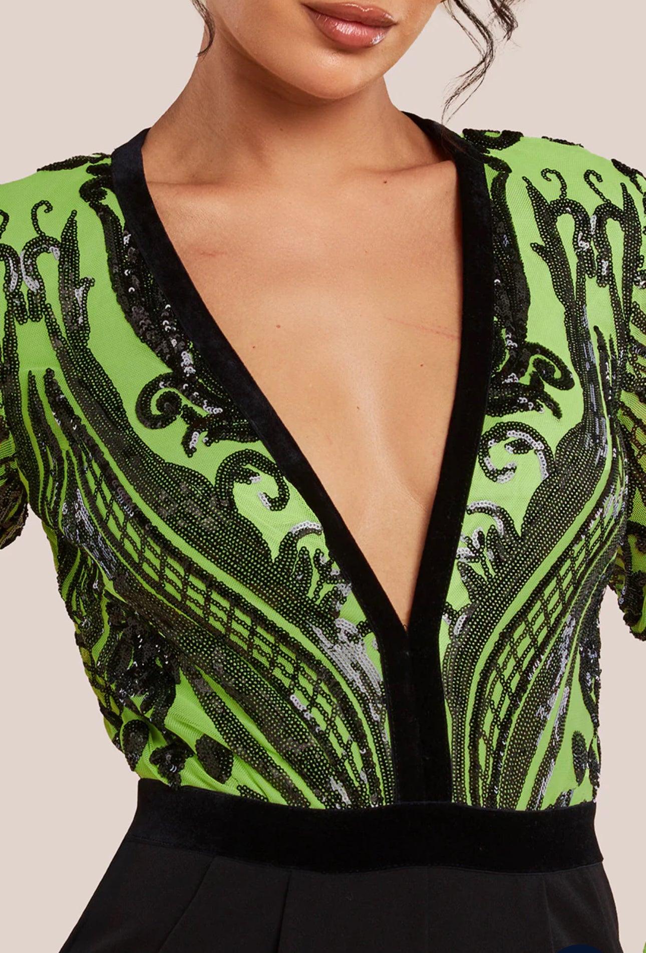Goddiva Deep V Neck Sequin Embroidered Jumpsuit