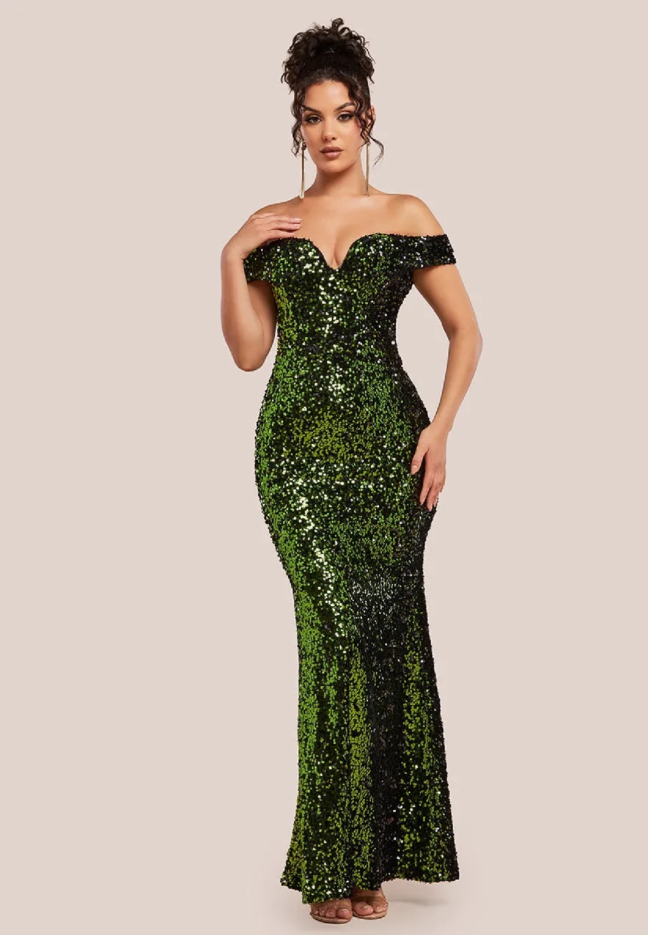 Goddiva Sequin Velvet Bardot Evening Maxi Dress Emerald