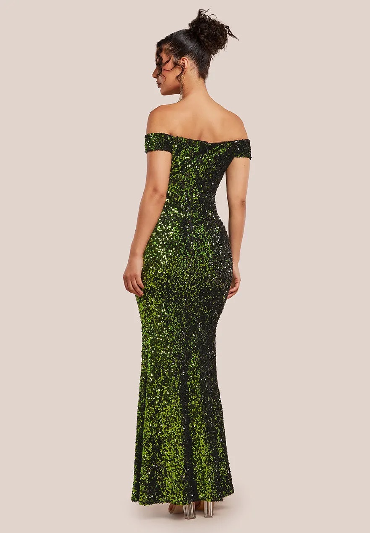 Goddiva Sequin Velvet Bardot Evening Maxi Dress Emerald