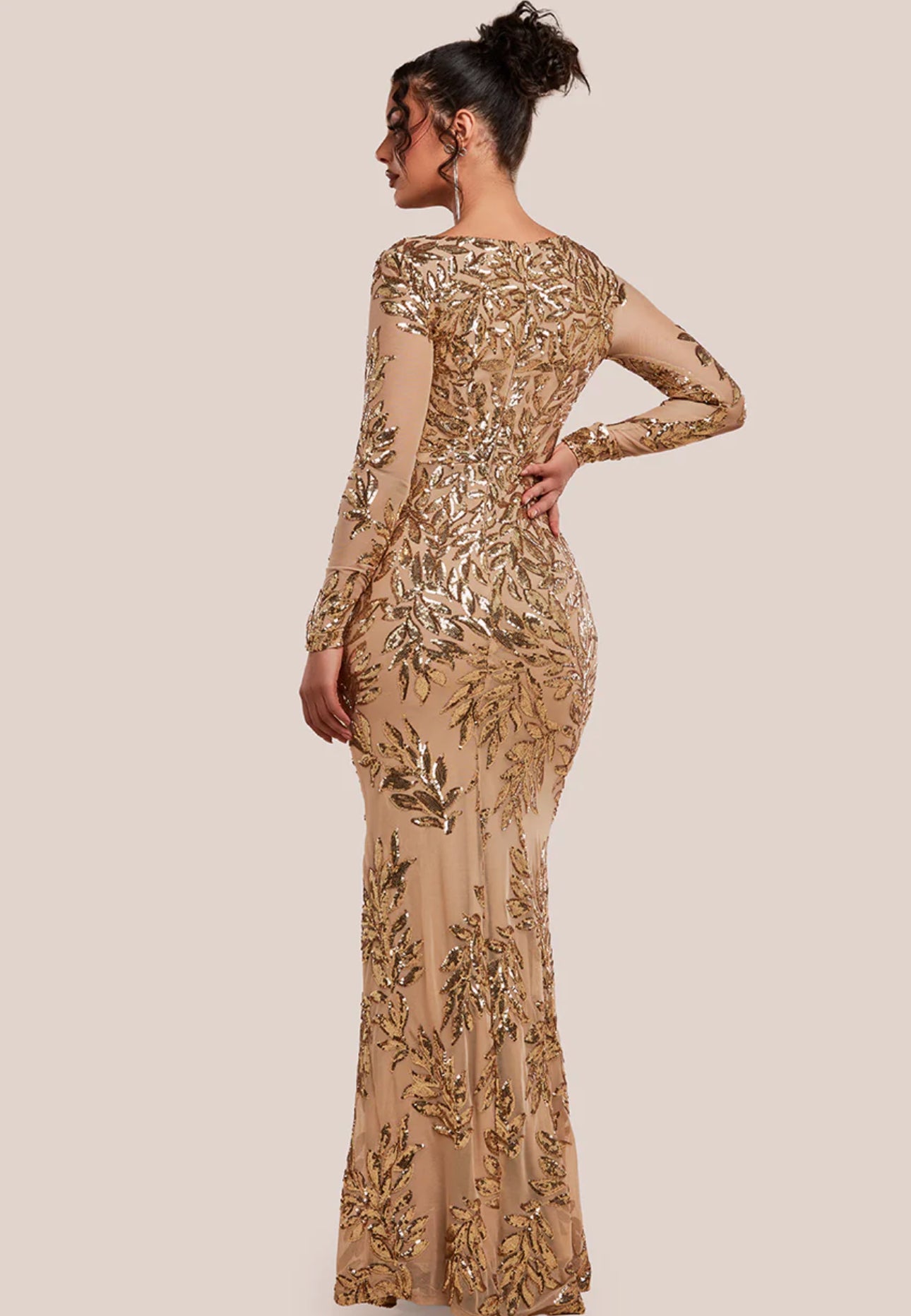 Goddiva Long Sleeve Sequin Leaf Long Sleeve Maxi Dress Gold