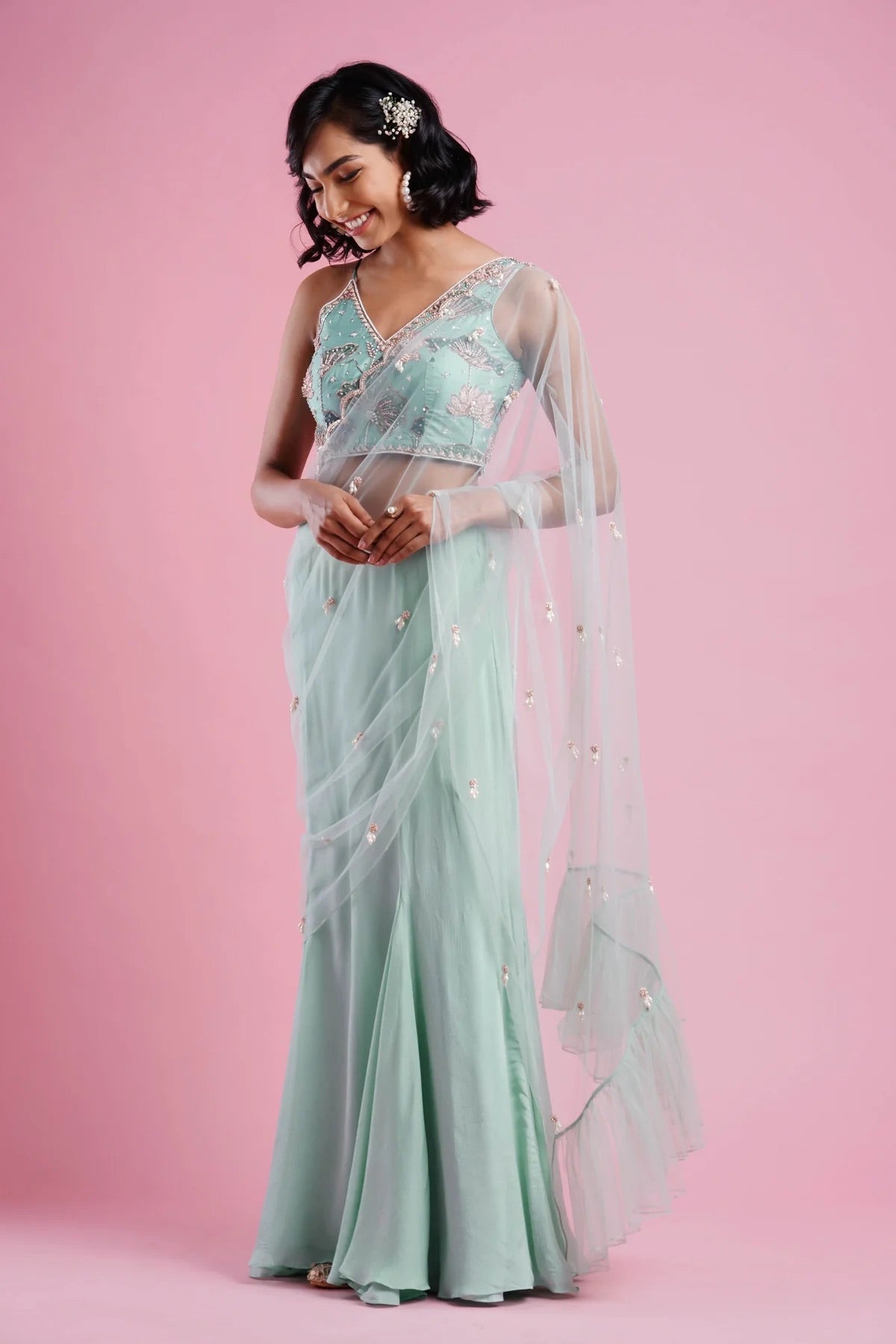Aqua Fishtail Skirt Outfit - Aayushi Maniar